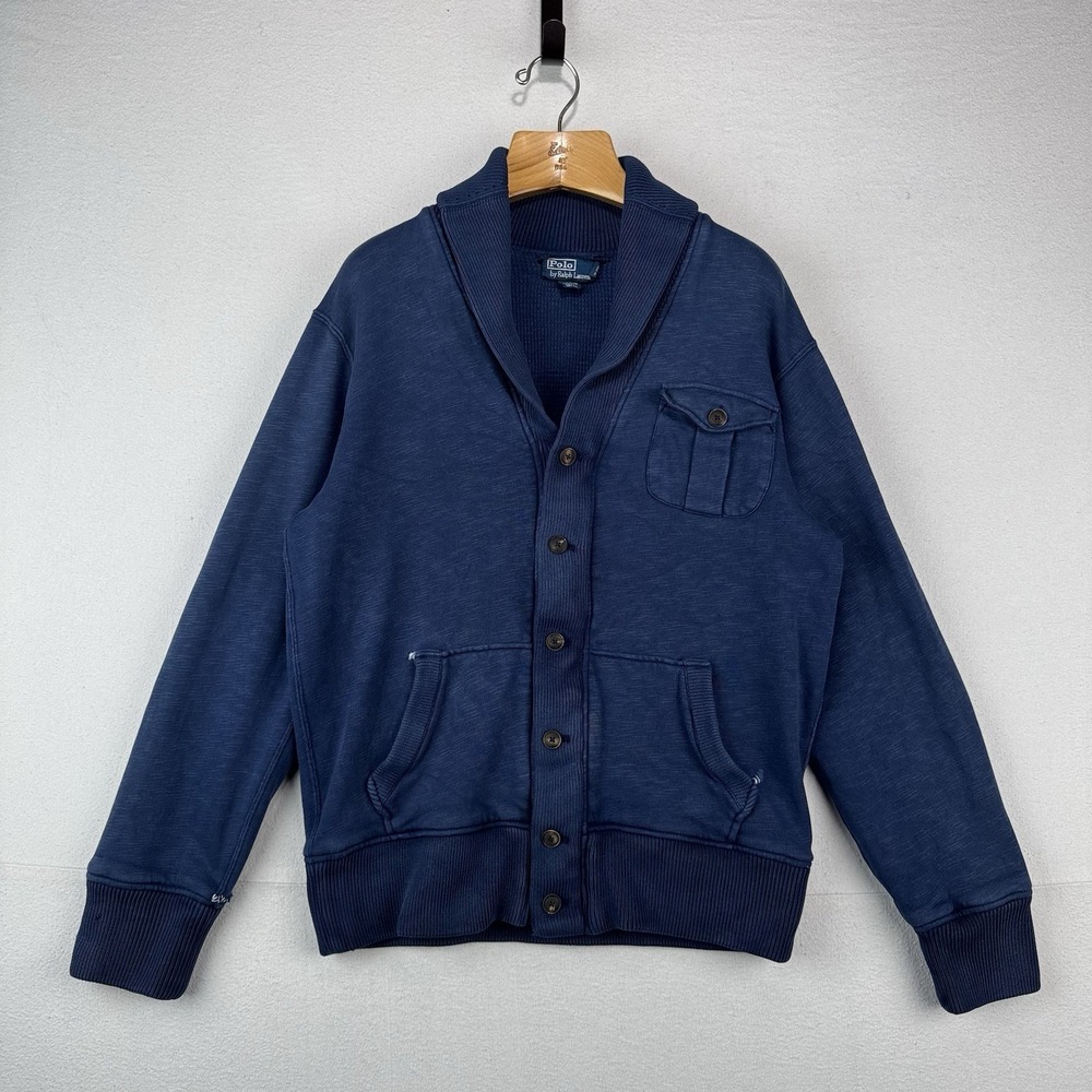 90's Vtg Polo Ralph Lauren Shawl Collar Indigo Cardigan Cotton L Thermal Lining